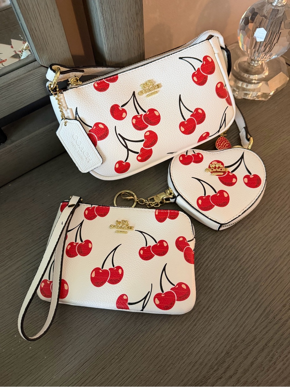 Coach Cherry Print Nolita 19 Shoulder Purse Trio Bundle Heart Wristlet - Picture 4 of 16